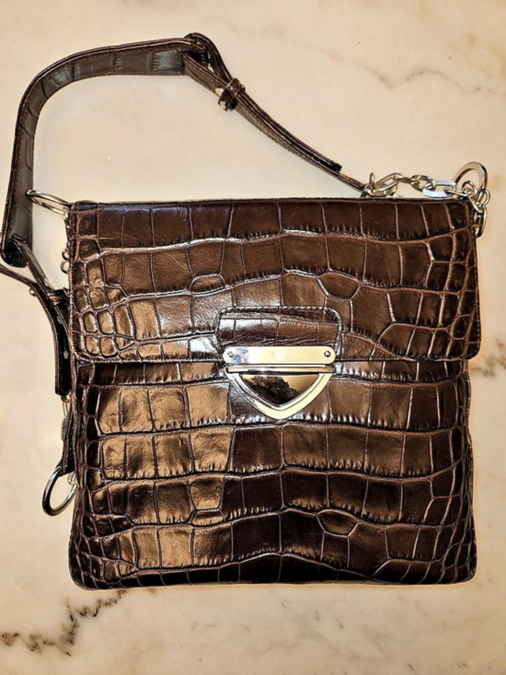Danier Croc-Embossed Leather Crossbody Bag in Brown
